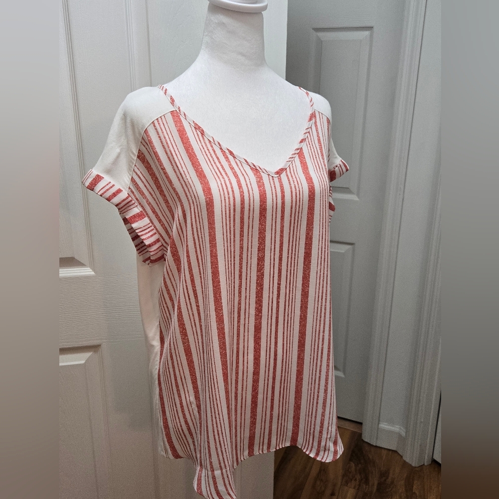 Striped V-Neck, Tie Back Women's Top, Size L, Coral Stripes, Fortune & Ivy